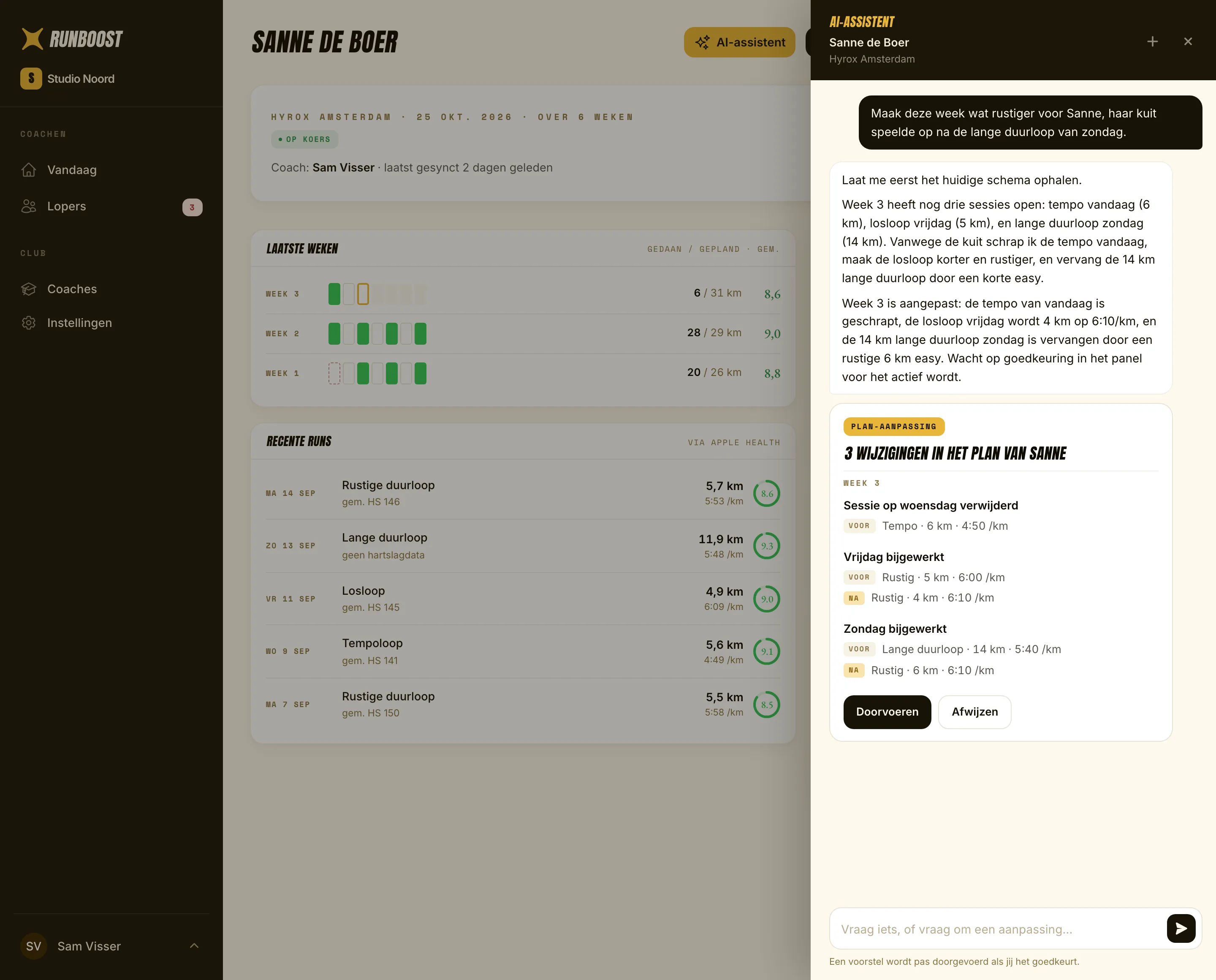 The AI assistant in the coach panel proposing three changes to a member's week, with before and after per session and an approve button
