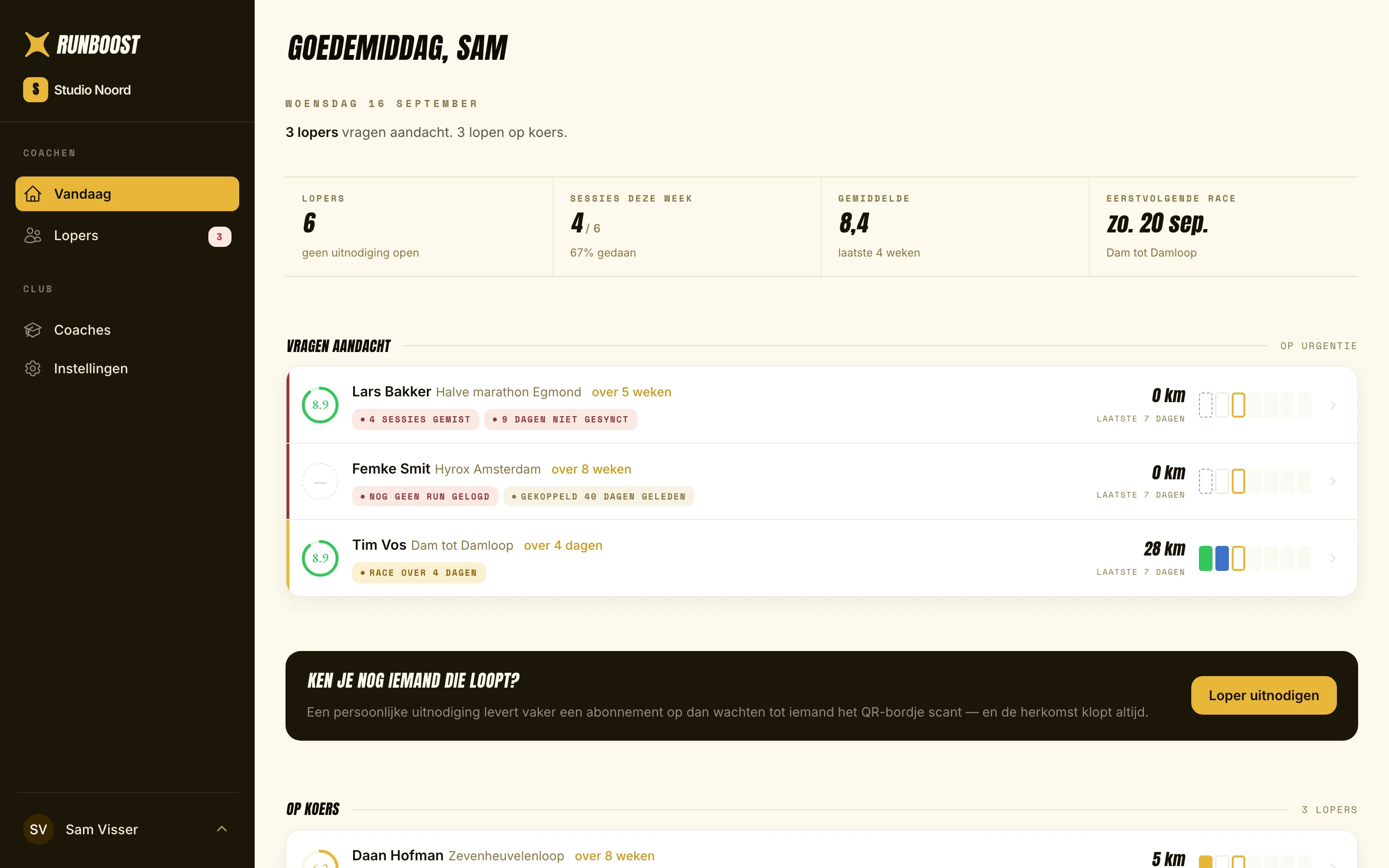 The Today page of the RunBoost coach panel: members sorted by attention, with reasons such as missed sessions and a race in four days